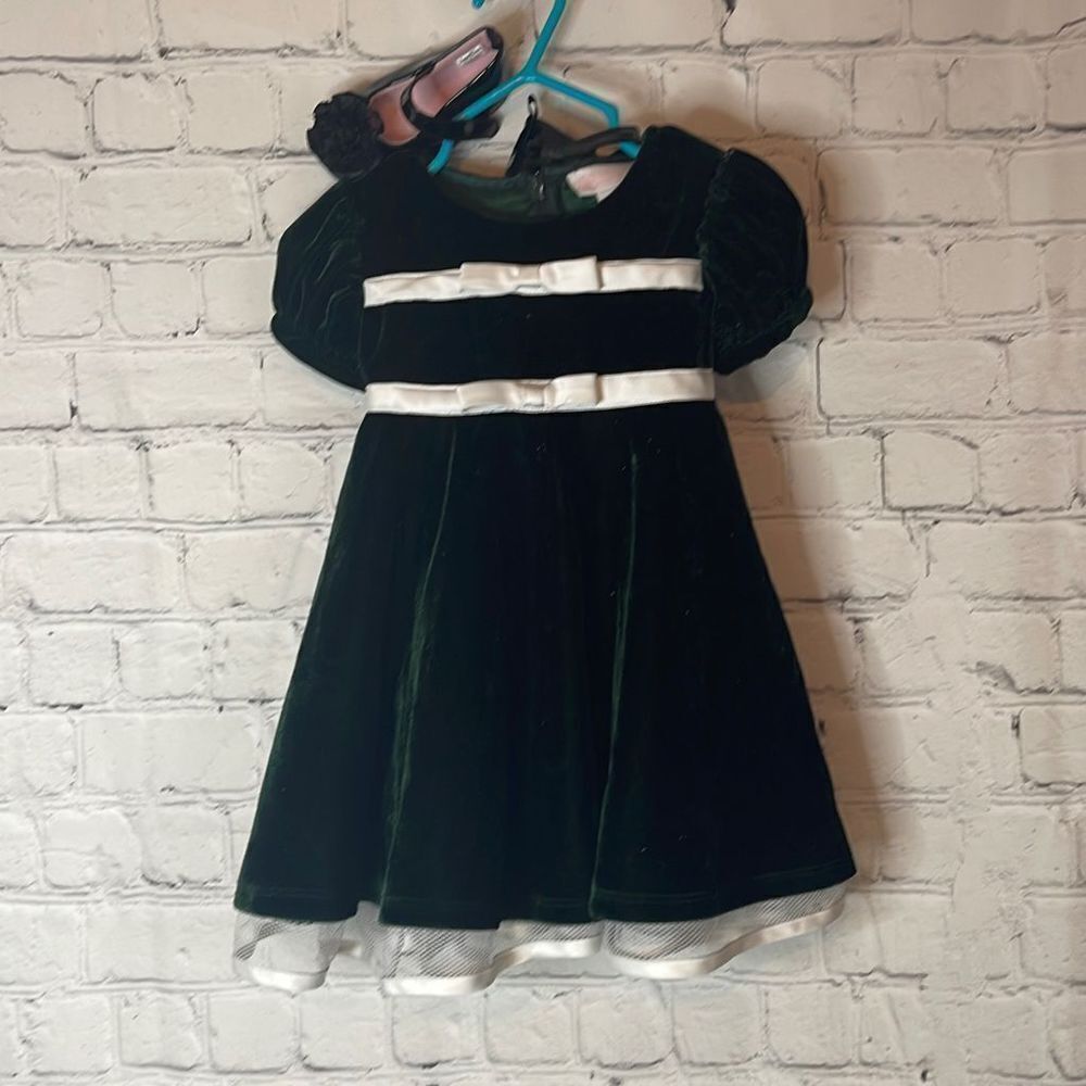 Bonnie Baby Green Velour Christmas Dress with White Trim size 12months